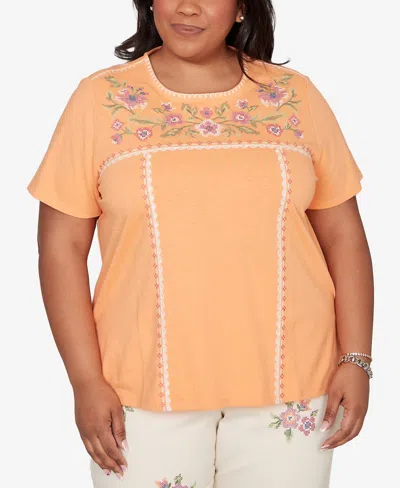 Alfred Dunner Plus Size Beachcomber Embroidered Floral Neck Short Sleeve Top In Orange