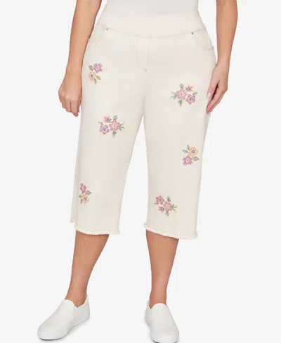 Alfred Dunner Plus Size Beachcomber Floral Cross Stitch Super Stretch Denim Capri Pants In Yellow