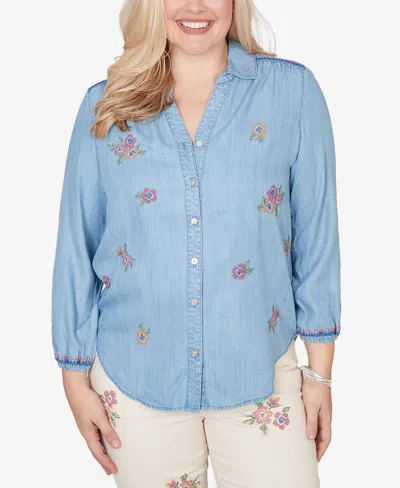 Alfred Dunner Plus Size Beachcomber Floral Embroidered Button Front Closure Top In Multi