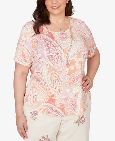 Alfred Dunner Plus Size Beachcomber Paisley Short Sleeves T-shirt With Necklace In Orange