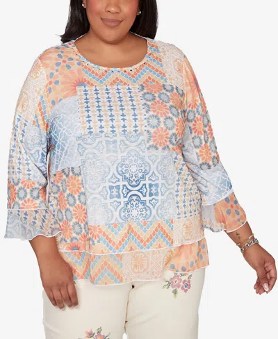 Alfred Dunner Plus Size Beachcomber Patchwork Medallion Ruffle Sleeve Top In Multi