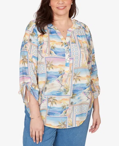 Alfred Dunner Plus Size Beachcomber Postcard Print Tie Sleeve Henley Top In Multi
