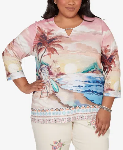 Alfred Dunner Plus Size Beachcomber Sunset Beach Scenic Split Neck Top In Pink