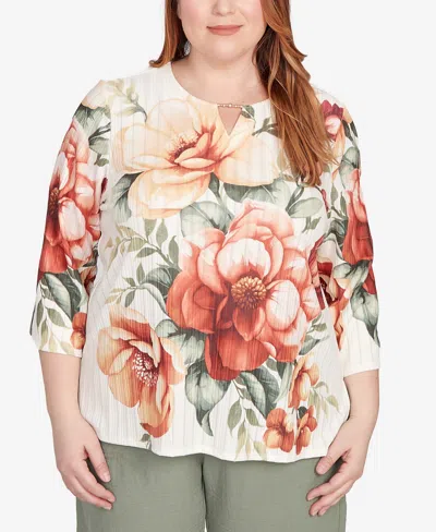 Alfred Dunner Plus Size Copper Canyon Dramatic Floral Split Beaded Top In Multi