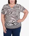 Alfred Dunner Plus Size Beaded Split Neck Animal Print Top In Black,tan