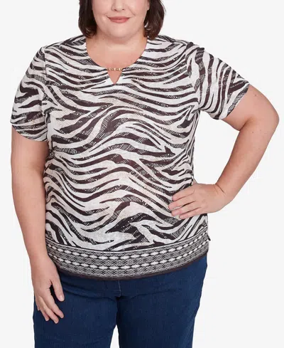 Alfred Dunner Plus Size Beaded Split Neck Animal Print Top In Black,tan