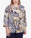 Alfred Dunner Plus Size Block Island Dramatic Paisley Crew Neck Top In Multi Yellow