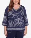 Alfred Dunner Plus Size Block Island Dynamic Floral Embroidered V-neck Top In Navy