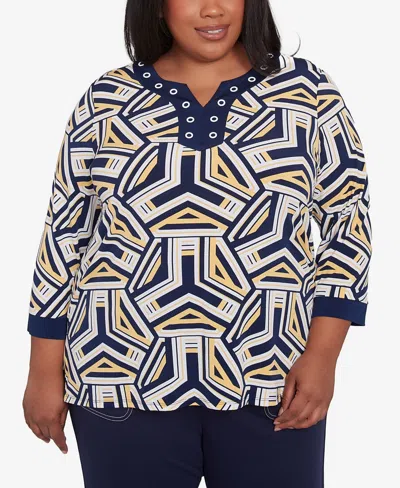 Alfred Dunner Plus Size Block Island Geometric Grommet Trim Top In Navy Multi