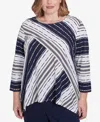 Alfred Dunner Plus Size Block Island Spliced Stripe Crew Neck Textured Top In Navy Multi