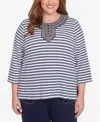 Alfred Dunner Plus Size Block Island Striped Top With Embroidered Neckline In Navy Multi
