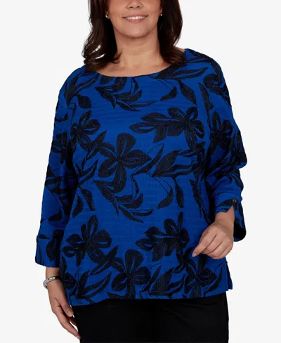 Alfred Dunner Plus Size Calm Luxe Floral Textured-knit Boat Neck Blouse In Saphire