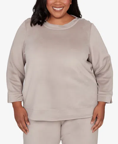 Alfred Dunner Plus Size Calm Luxe Shoulder Button Top In Gray