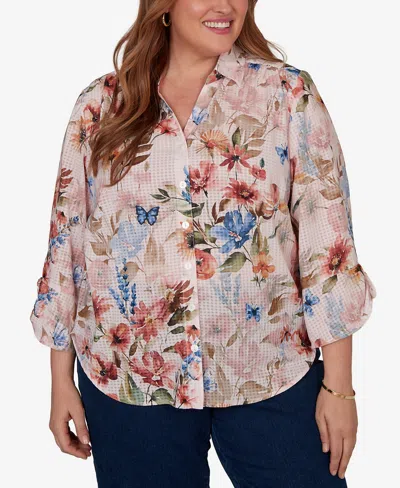 Alfred Dunner Plus Size Camden Market Botanical Butterfly Button Front Top In Pink