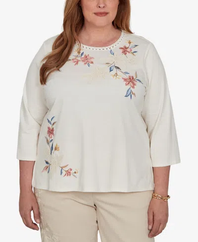 Alfred Dunner Plus Size Camden Market Crochet Embroidered Floral Knit Top In White