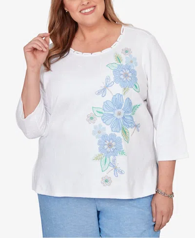 Alfred Dunner Plus Size Caribbean Blues Embroidered Dragonfly Floral Top In White