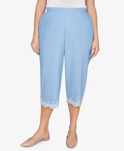 Alfred Dunner Plus Size Caribbean Blues Eyelet Embroidered Cuff Capri Pants