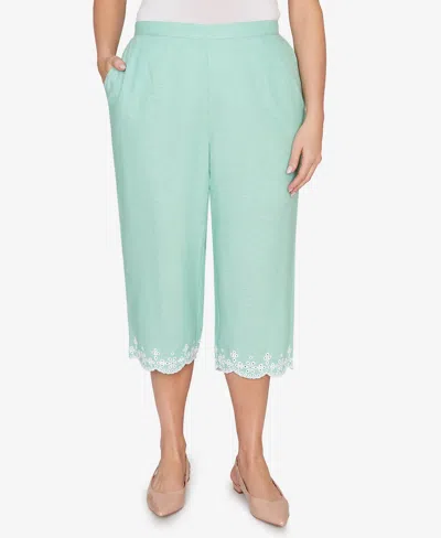 Alfred Dunner Plus Size Caribbean Blues Eyelet Embroidered Cuff Capri Pants In Green