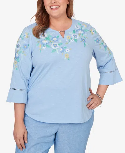 Alfred Dunner Plus Size Caribbean Blues Floral Embroidered Split Neck Top