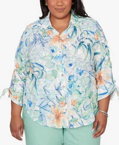Alfred Dunner Plus Size Caribbean Blues Tropical Flower Eyelet Tie-sleeve Top In Multi