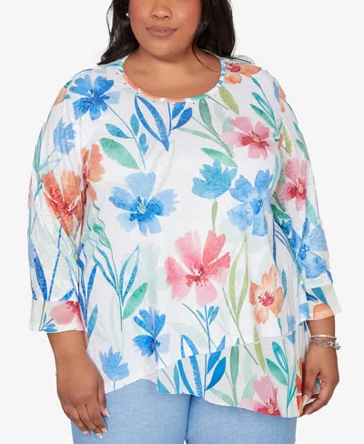 Alfred Dunner Plus Size Caribbean Blues Whimsical Flower Bell-sleeve Top In Multi
