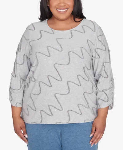Alfred Dunner Plus Size Casual Fridays Diagonal Textured Crew Neck Top In Grey