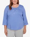 Alfred Dunner Plus Size Casual Vibe Asymmetrical Floral Embroidered Detail Top In Blue