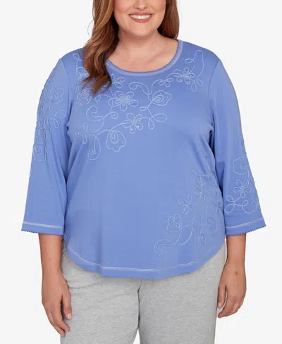 Alfred Dunner Plus Size Casual Vibe Asymmetrical Floral Embroidered Detail Top In Blue