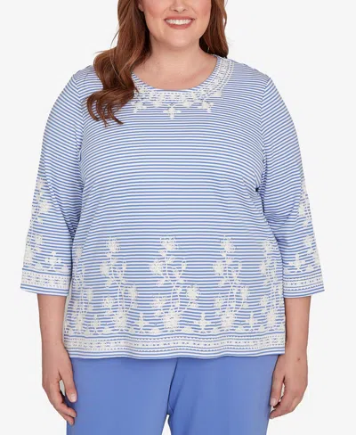 Alfred Dunner Plus Size Casual Vibe Embellished Striped Crew Neck Top In Blue