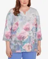 Alfred Dunner Plus Size Casual Vibe Floral Brushstroke Beaded Split Neck Top In Multi