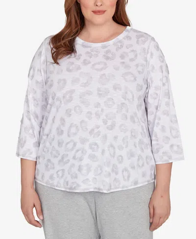 Alfred Dunner Plus Size Casual Vibe Monotone Crew Neck Animal Top In White