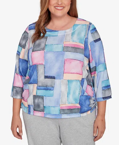 Alfred Dunner Plus Size Casual Vibe Tie Side Ruched Colorblock Top In Multi