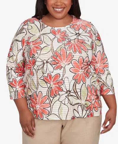 Alfred Dunner Plus Size Catalina Bold Island Floral Textured Crew Neck Top In Tangerine Multi