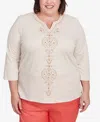 Alfred Dunner Plus Size Catalina Island Bold Medallion Stripe Round Neck Top In Linen