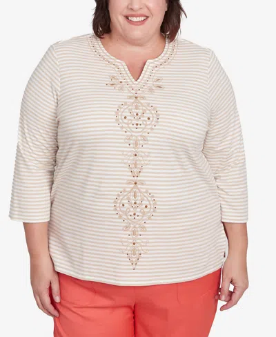 Alfred Dunner Plus Size Catalina Island Bold Medallion Stripe Round Neck Top In Linen