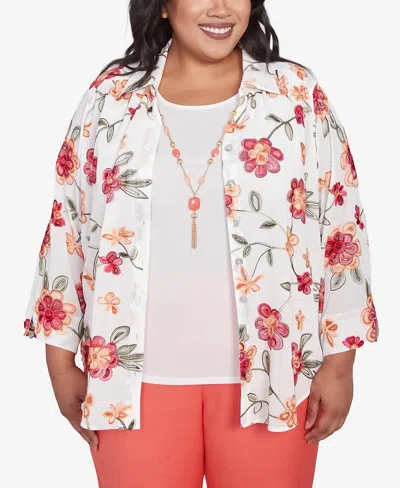 Alfred Dunner Plus Size Catalina Island Bright Floral Two In One Collared Neck Top With Necklace In White