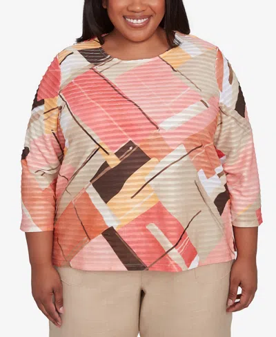 Alfred Dunner Plus Size Catalina Island Colorful Patchwork Crew Neck Top In Tangerine Multi