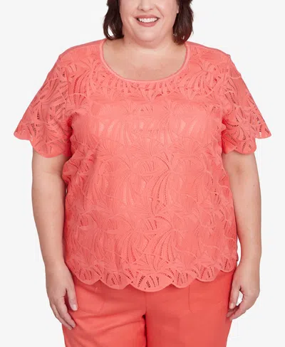 Alfred Dunner Plus Size Catalina Island Lace Trimmed Textured Crew Neck Top In Tangerine