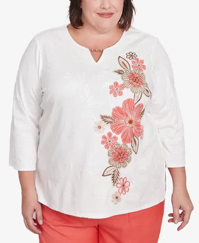 Alfred Dunner Plus Size Catalina Island Romantic Embroidered Floral Top In Ivory