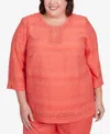 Alfred Dunner Plus Size Catalina Island Solid Textured Lace Trim Round Neck Top In Tangerine
