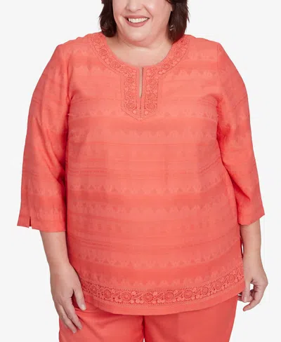 Alfred Dunner Plus Size Catalina Island Solid Textured Lace Trim Round Neck Top In Tangerine