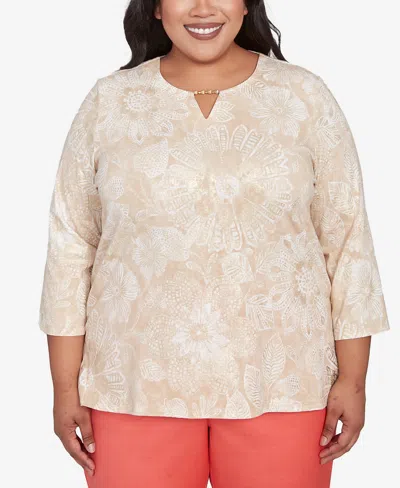 Alfred Dunner Plus Size Catalina Island Textured Floral Foil Accent Keyhole Neck Top In Linen