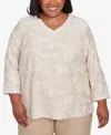 Alfred Dunner Plus Size Catalina Island Tossed Floral Embroidery V-neck Top In Linen