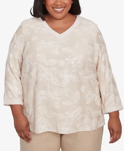 Alfred Dunner Plus Size Catalina Island Tossed Floral Embroidery V-neck Top In Linen