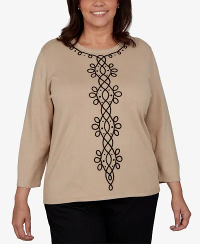 Alfred Dunner Plus Size Center Scroll Soutache Sweater In Nude