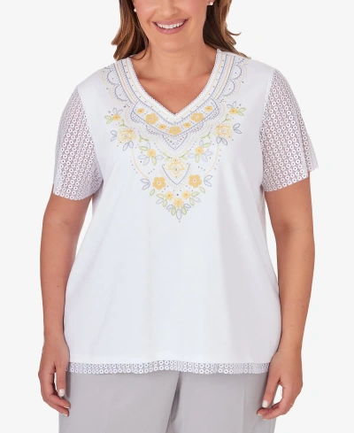 Alfred Dunner Plus Size Charleston Embroidered Top With Lace Sleeves In White
