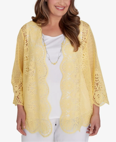 Alfred Dunner Plus Size Charleston Lace Two For One Top With Detachable Necklace In Yellow