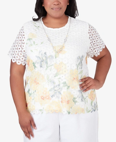 Alfred Dunner Plus Size Charleston Short Sleeve Floral Lace Top With Detachable Necklace In Multi