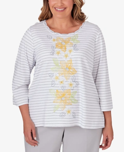 Alfred Dunner Plus Size Charleston Striped Embroidered Top In Pearl