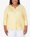 ALFRED DUNNER PLUS SIZE CHARLESTON THREE QUARTER SLEEVE TOP WITH EMBROIDERED FLORAL DETAILS